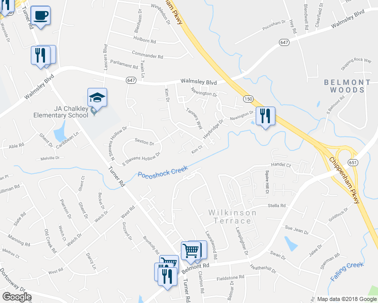 map of restaurants, bars, coffee shops, grocery stores, and more near 4715 Milfax Road in Richmond