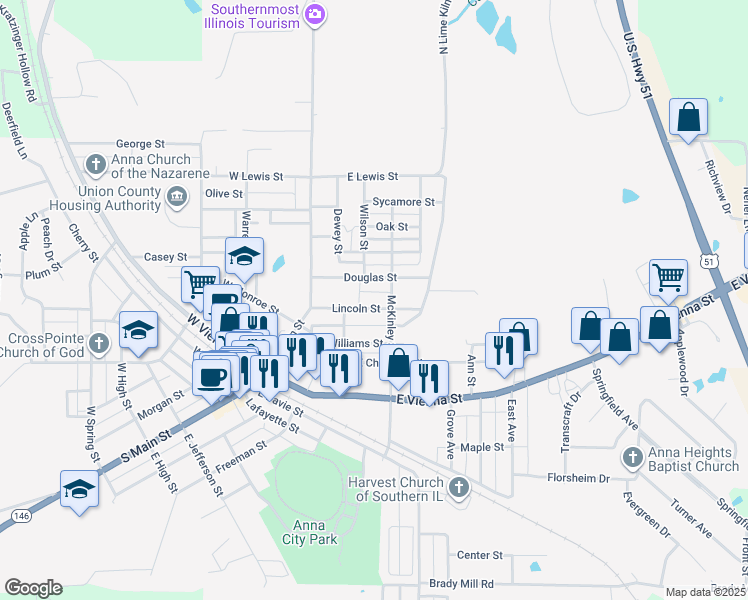 map of restaurants, bars, coffee shops, grocery stores, and more near 206 Lincoln Street in Anna