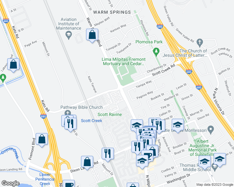 map of restaurants, bars, coffee shops, grocery stores, and more near 48937 Tree Fern Common in Fremont