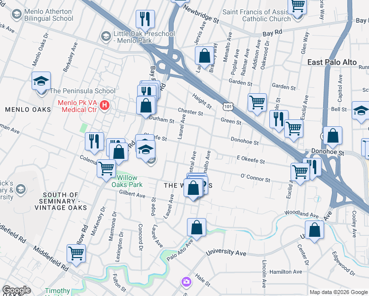 map of restaurants, bars, coffee shops, grocery stores, and more near 618 Laurel Avenue in Menlo Park