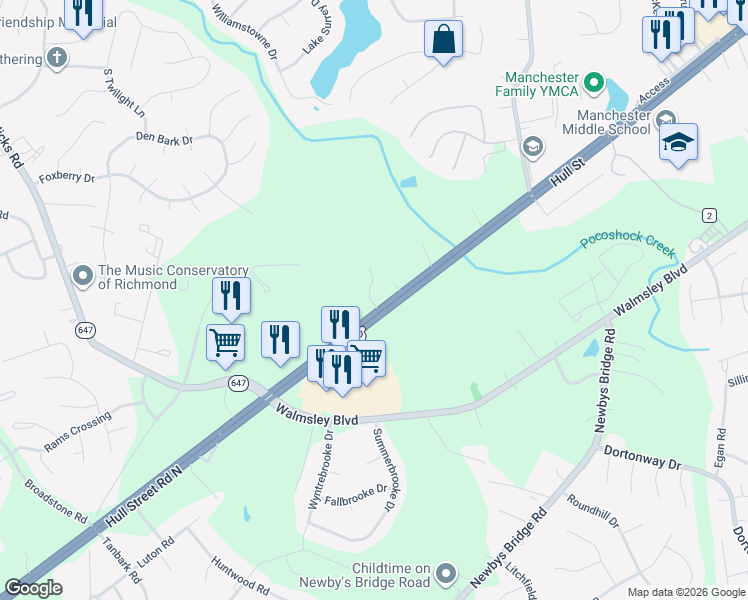 map of restaurants, bars, coffee shops, grocery stores, and more near 8100 Hull Street Road in Richmond