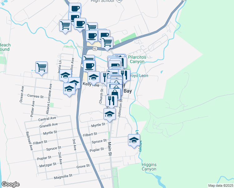 map of restaurants, bars, coffee shops, grocery stores, and more near 721 Miramontes Street in Half Moon Bay