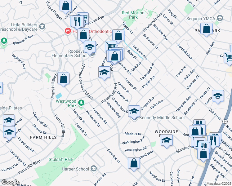 map of restaurants, bars, coffee shops, grocery stores, and more near 1217 Connecticut Drive in Redwood City