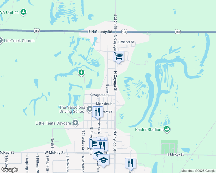 map of restaurants, bars, coffee shops, grocery stores, and more near 614 North Linn Street in Frontenac