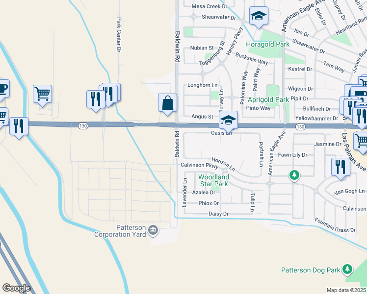 map of restaurants, bars, coffee shops, grocery stores, and more near 56 Nostalgia Avenue in Patterson