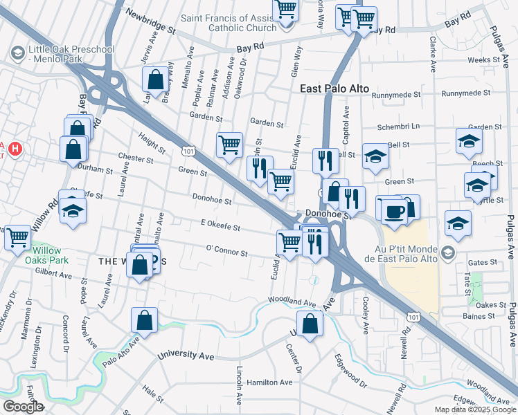 map of restaurants, bars, coffee shops, grocery stores, and more near 2 West Bayshore Road in East Palo Alto