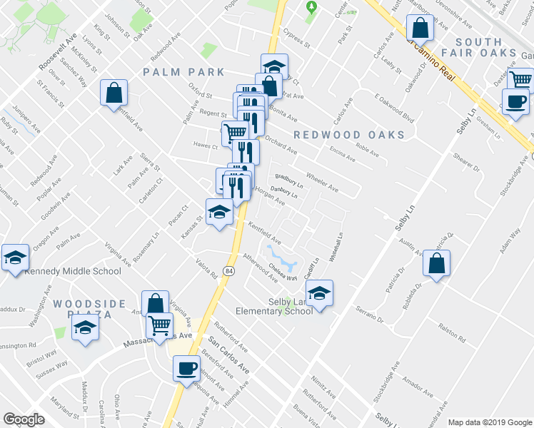 map of restaurants, bars, coffee shops, grocery stores, and more near 50 Horgan Avenue in Redwood City