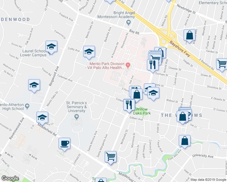 map of restaurants, bars, coffee shops, grocery stores, and more near 770 Coleman Avenue in Menlo Park