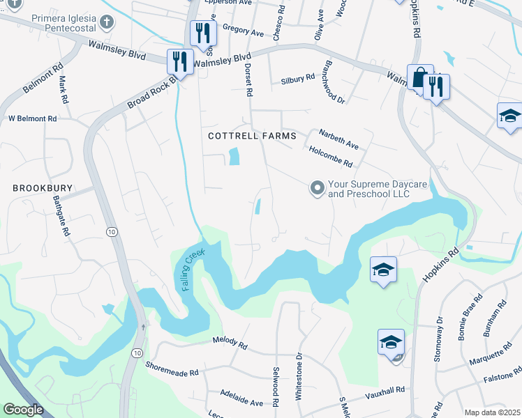map of restaurants, bars, coffee shops, grocery stores, and more near 4125 Grantlake Road in Richmond
