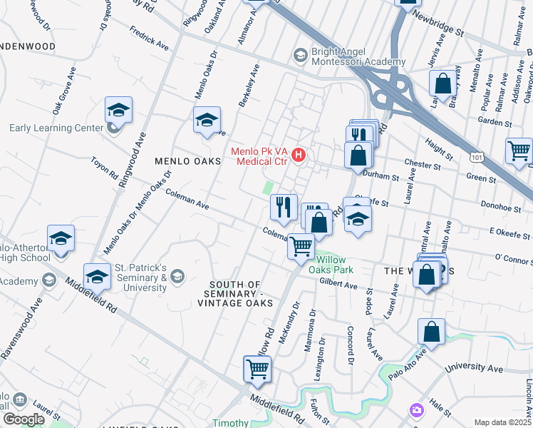 map of restaurants, bars, coffee shops, grocery stores, and more near 778 Coleman Avenue in Menlo Park