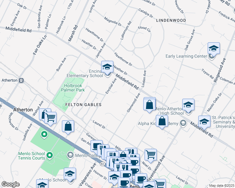 map of restaurants, bars, coffee shops, grocery stores, and more near 176 Encinal Avenue in Atherton