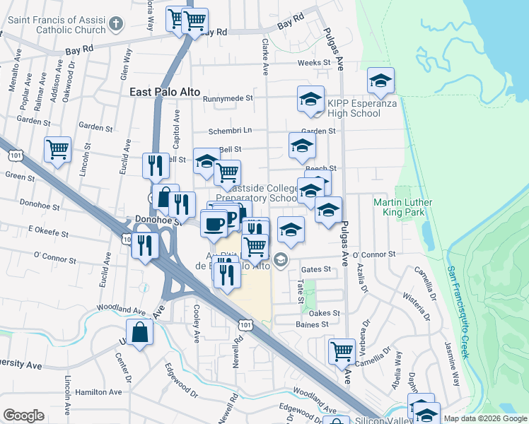 map of restaurants, bars, coffee shops, grocery stores, and more near 2115 Clarke Avenue in East Palo Alto