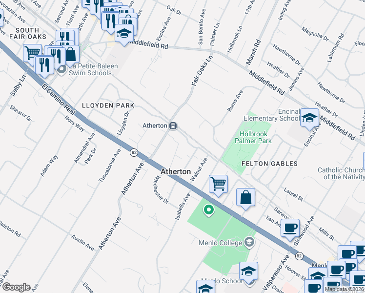 map of restaurants, bars, coffee shops, grocery stores, and more near 84 Ashfield Road in Atherton