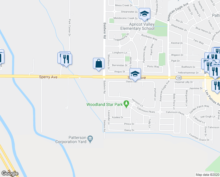 map of restaurants, bars, coffee shops, grocery stores, and more near 50 Nostalgia Avenue in Patterson