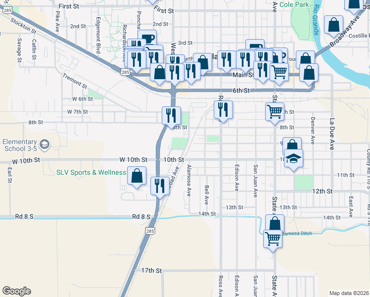 map of restaurants, bars, coffee shops, grocery stores, and more near 898 Railroad Avenue in Alamosa