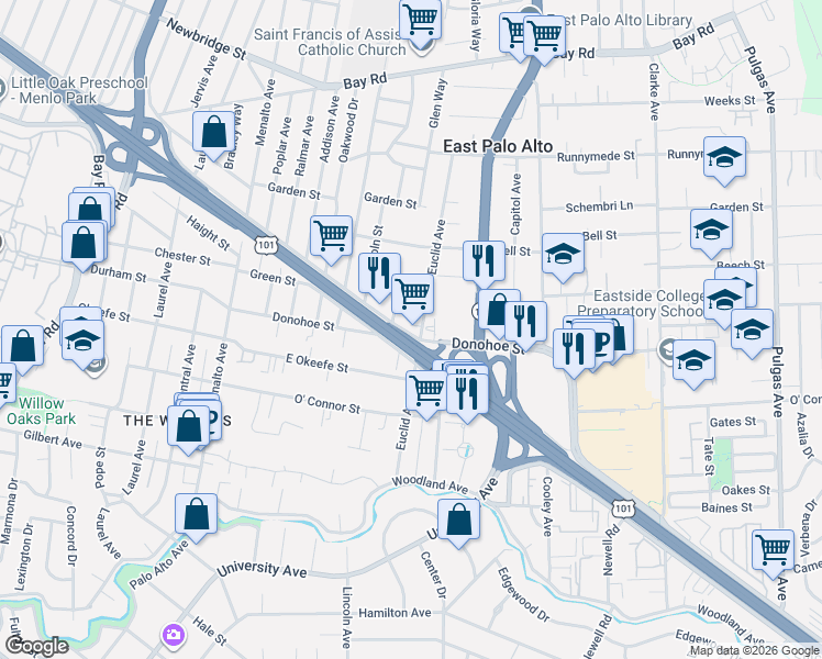 map of restaurants, bars, coffee shops, grocery stores, and more near 1489 East Bayshore Road in East Palo Alto
