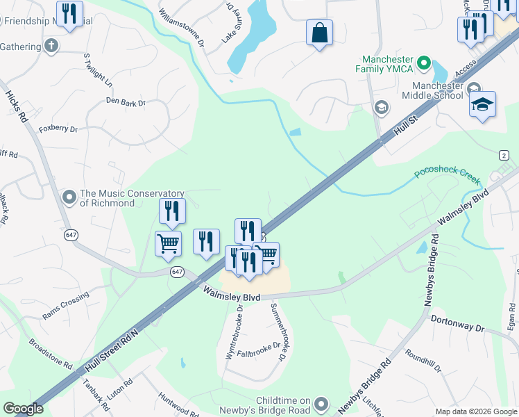 map of restaurants, bars, coffee shops, grocery stores, and more near 8100 Hull Street Road in Richmond