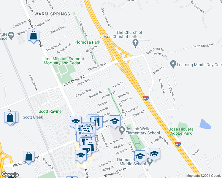 map of restaurants, bars, coffee shops, grocery stores, and more near 2195 Conway Street in Milpitas