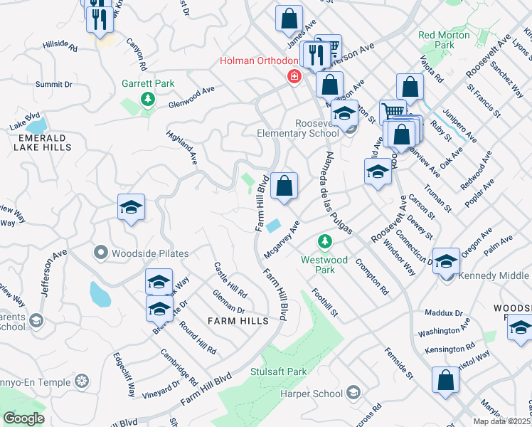 map of restaurants, bars, coffee shops, grocery stores, and more near 3560 Farm Hill Boulevard in Redwood City