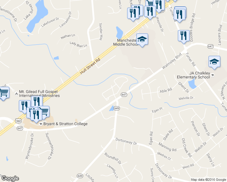 map of restaurants, bars, coffee shops, grocery stores, and more near 7660 Van Hoy Drive in Chesterfield County