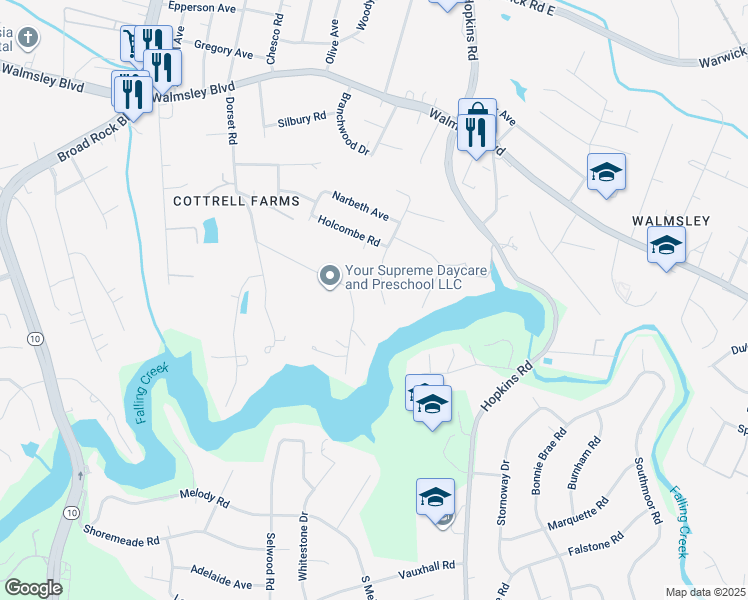 map of restaurants, bars, coffee shops, grocery stores, and more near 3956 Bridgeton Road in Richmond