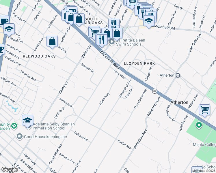 map of restaurants, bars, coffee shops, grocery stores, and more near 30 Adam Way in Atherton