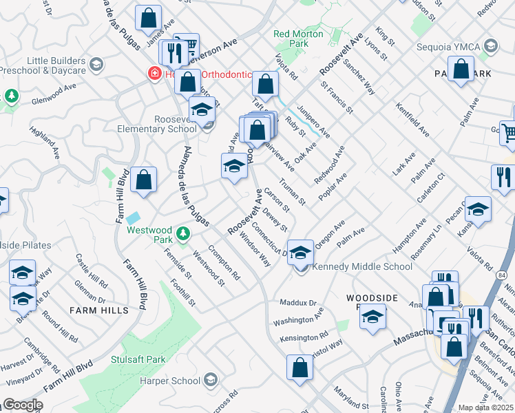 map of restaurants, bars, coffee shops, grocery stores, and more near Roosevelt Ave & Dewey St in Redwood City