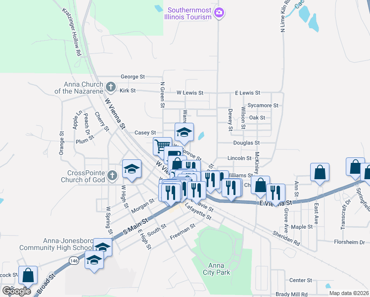 map of restaurants, bars, coffee shops, grocery stores, and more near 114-134 West Chestnut Street in Anna