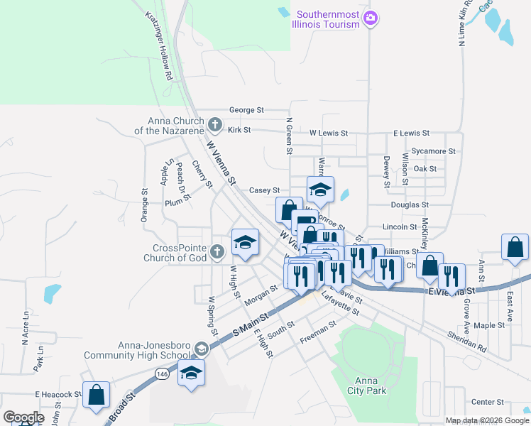 map of restaurants, bars, coffee shops, grocery stores, and more near 301-399 West Davie Street in Anna