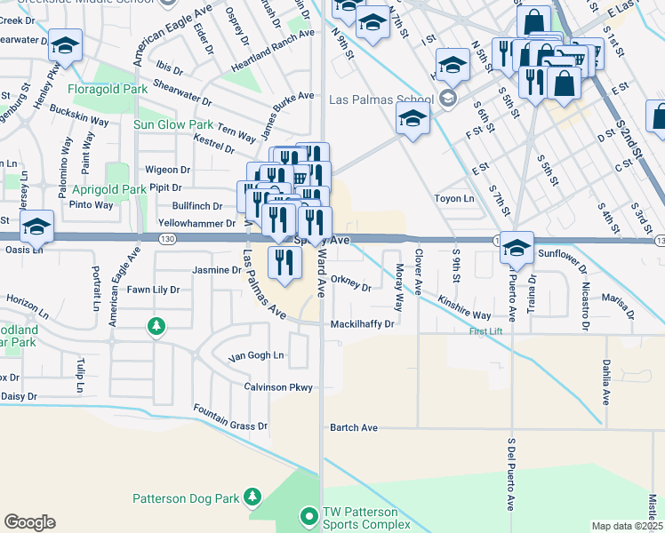 map of restaurants, bars, coffee shops, grocery stores, and more near 866 Miraggio Drive in Patterson