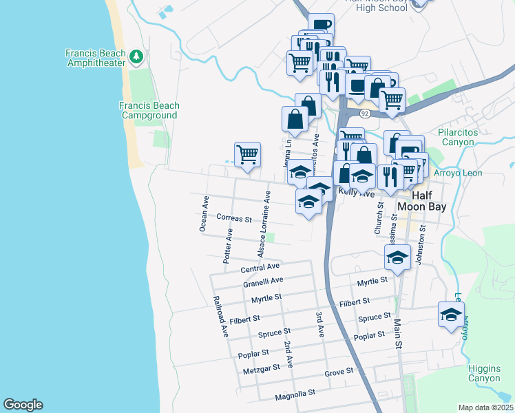 map of restaurants, bars, coffee shops, grocery stores, and more near 336 Miramontes Avenue in Half Moon Bay