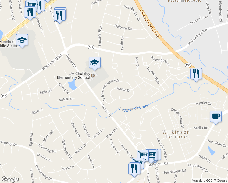 map of restaurants, bars, coffee shops, grocery stores, and more near 6529 Sexton Drive in Chesterfield