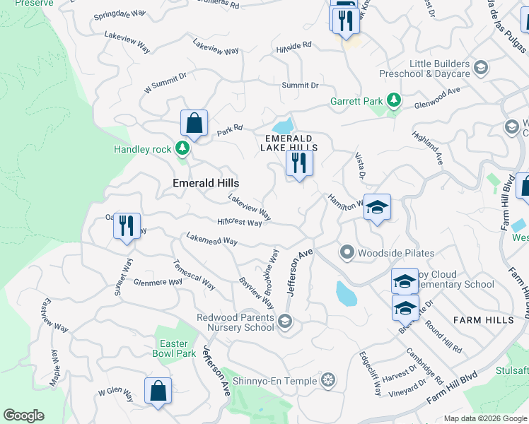 map of restaurants, bars, coffee shops, grocery stores, and more near 769 Lakeview Way in Redwood City