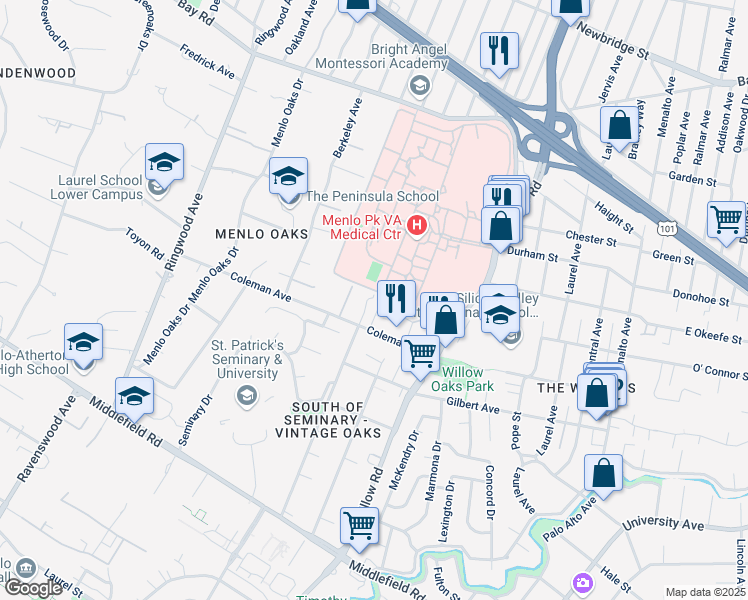 map of restaurants, bars, coffee shops, grocery stores, and more near 832 Coleman Avenue in Menlo Park