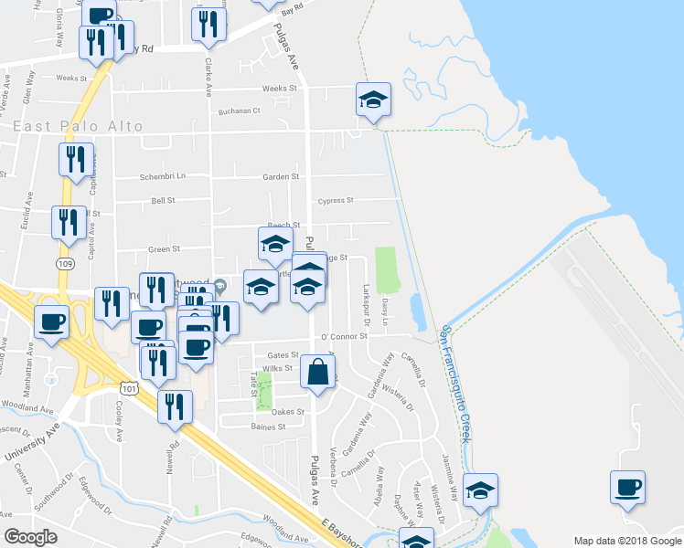 map of restaurants, bars, coffee shops, grocery stores, and more near 467 Wisteria Drive in East Palo Alto