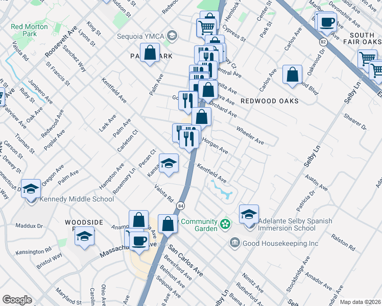 map of restaurants, bars, coffee shops, grocery stores, and more near 980 Woodside Road in Redwood City