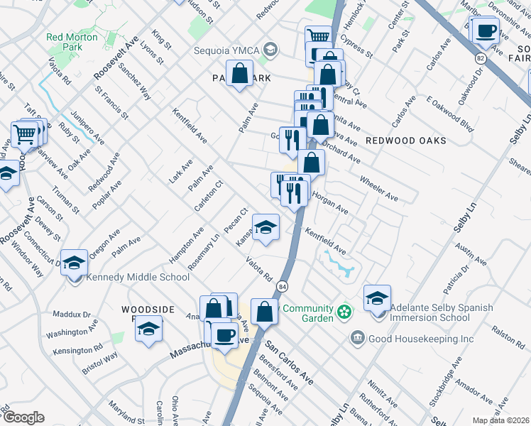 map of restaurants, bars, coffee shops, grocery stores, and more near 1610 Kentfield Avenue in Redwood City
