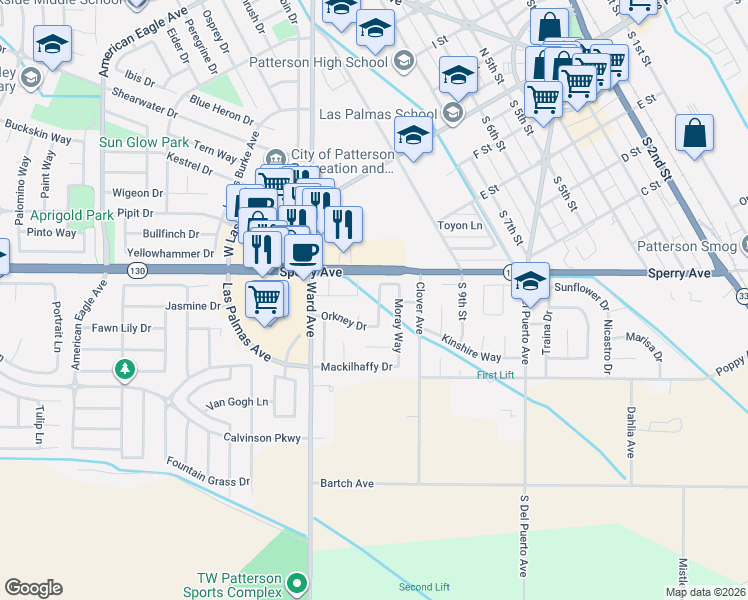 map of restaurants, bars, coffee shops, grocery stores, and more near 521 Tarland Lane in Patterson