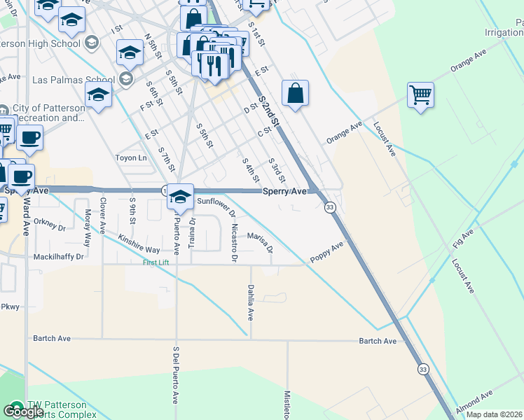 map of restaurants, bars, coffee shops, grocery stores, and more near 340 Sperry Avenue in Patterson