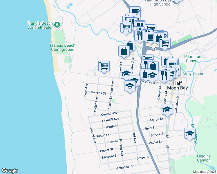 map of restaurants, bars, coffee shops, grocery stores, and more near 336 Miramontes Avenue in Half Moon Bay