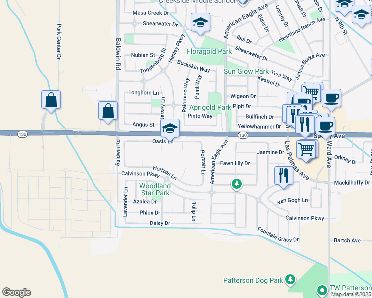 map of restaurants, bars, coffee shops, grocery stores, and more near 42 Echo Court in Patterson