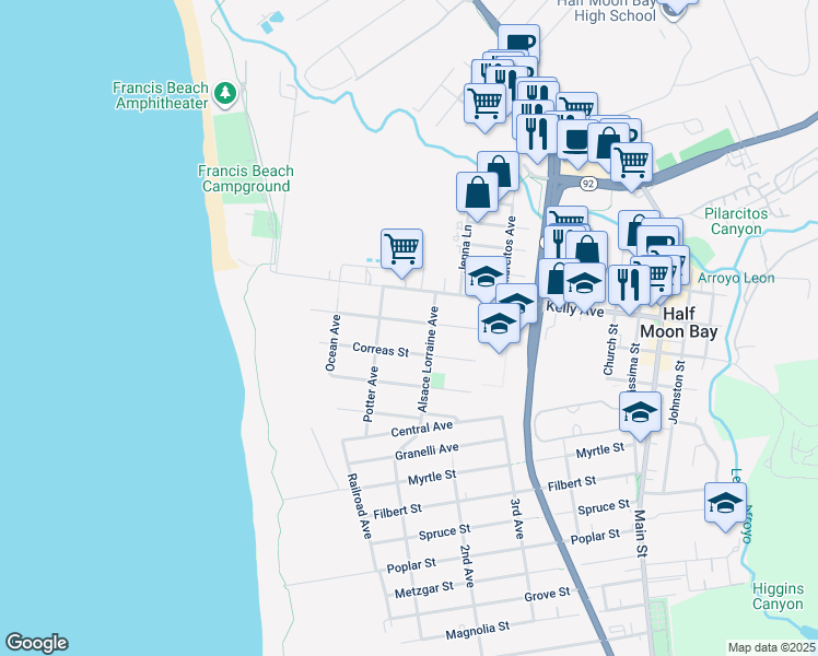 map of restaurants, bars, coffee shops, grocery stores, and more near 328 Miramontes Avenue in Half Moon Bay