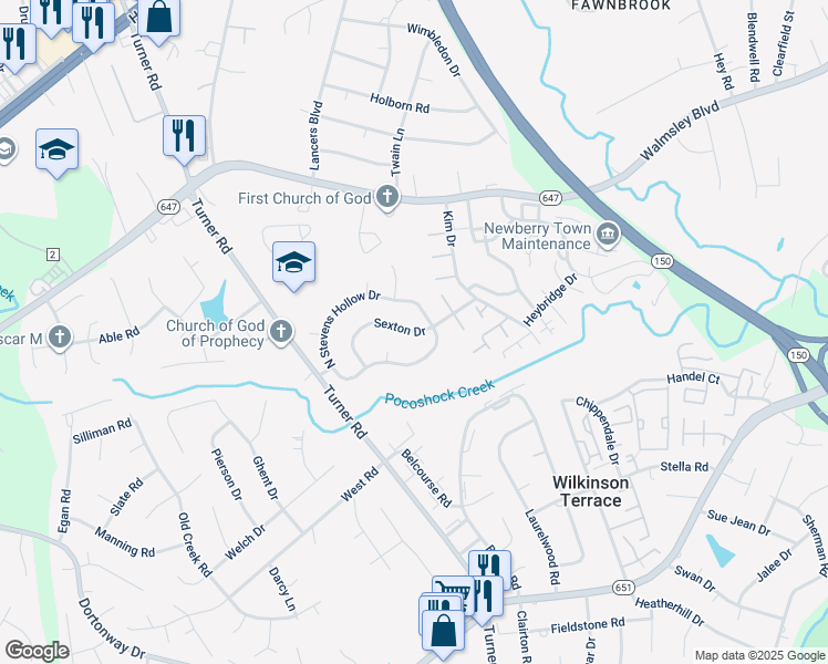 map of restaurants, bars, coffee shops, grocery stores, and more near Sexton Drive in Chesterfield