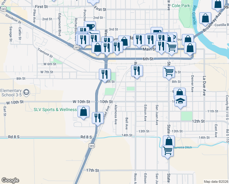 map of restaurants, bars, coffee shops, grocery stores, and more near 800-898 Railroad Avenue in Alamosa