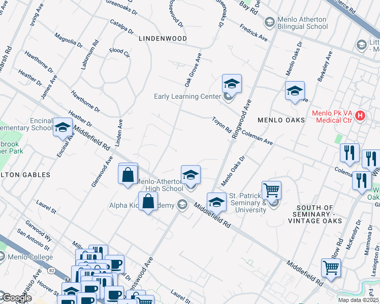 map of restaurants, bars, coffee shops, grocery stores, and more near 230 Oak Grove Avenue in Atherton