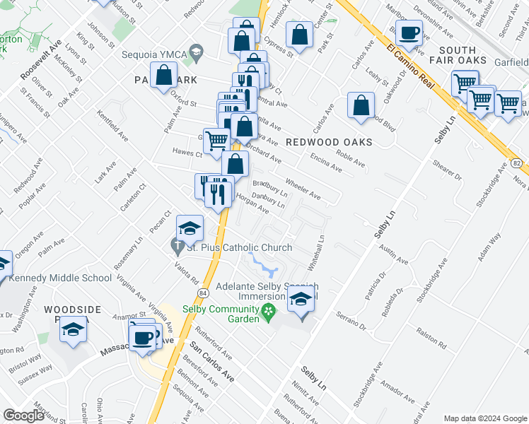 map of restaurants, bars, coffee shops, grocery stores, and more near 126 Danbury Lane in Redwood City