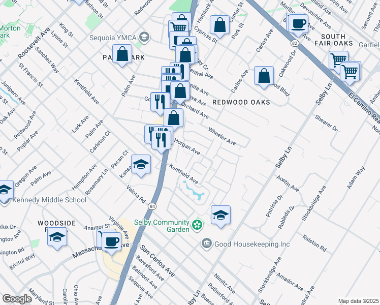 map of restaurants, bars, coffee shops, grocery stores, and more near 126 Danbury Lane in Redwood City