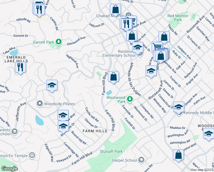 map of restaurants, bars, coffee shops, grocery stores, and more near 3530 Farm Hill Boulevard in Redwood City