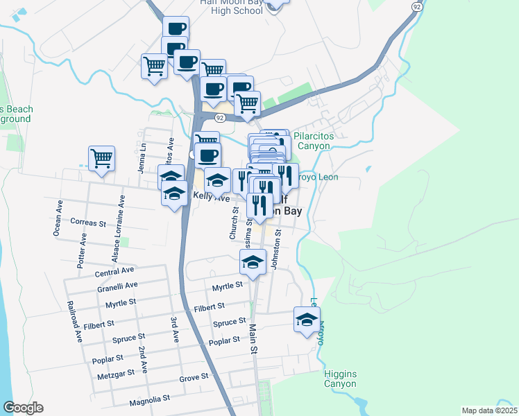 map of restaurants, bars, coffee shops, grocery stores, and more near in Half Moon Bay