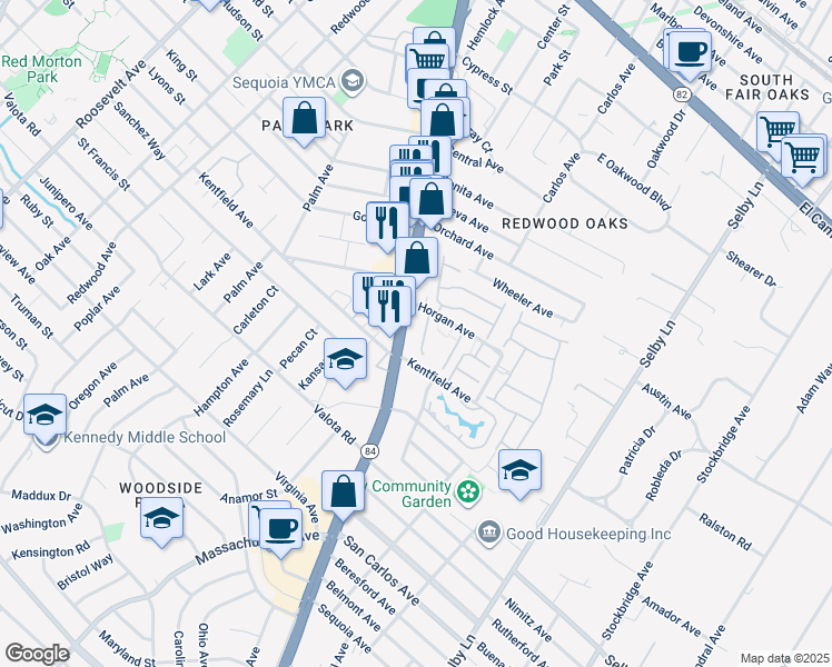 map of restaurants, bars, coffee shops, grocery stores, and more near 955 Woodside Road in Redwood City